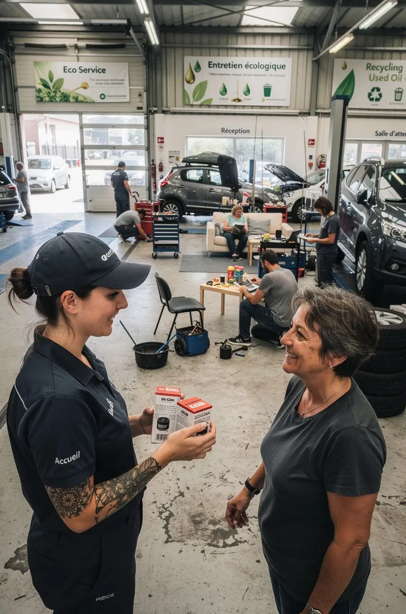 Poste de travail organisé avec outils spécifiques pour changements d'huile et filtres dans un centre auto.