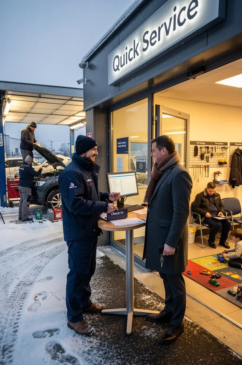 Client recevant des conseils personnalisés sur l'entretien préventif de son véhicule dans un garage rapide.