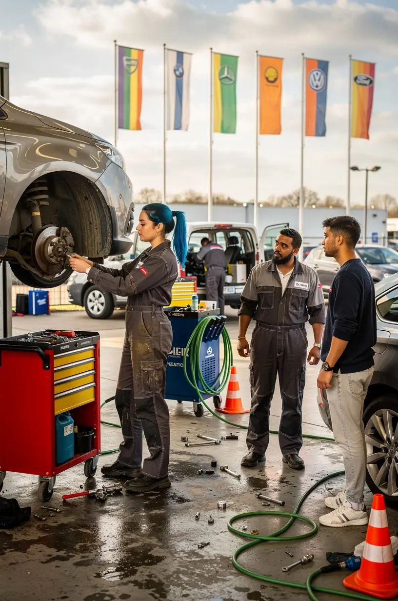 Équipe professionnelle inspectant minutieusement les freins et les filtres d'une voiture pour garantir la sécurité.